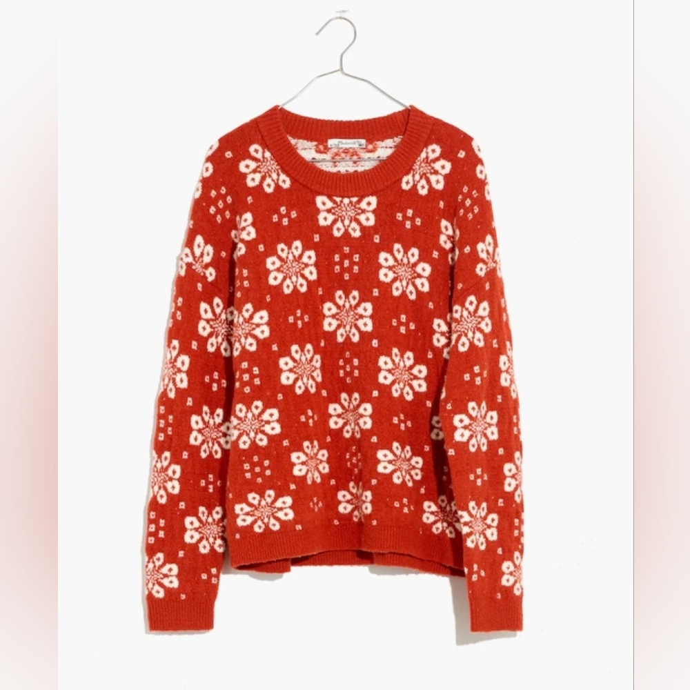 🧡🤍 Madewell Althen Snowflake Patterned Cotton Wool Blend Sweater, XXS, NWT - Picture 11 of 11